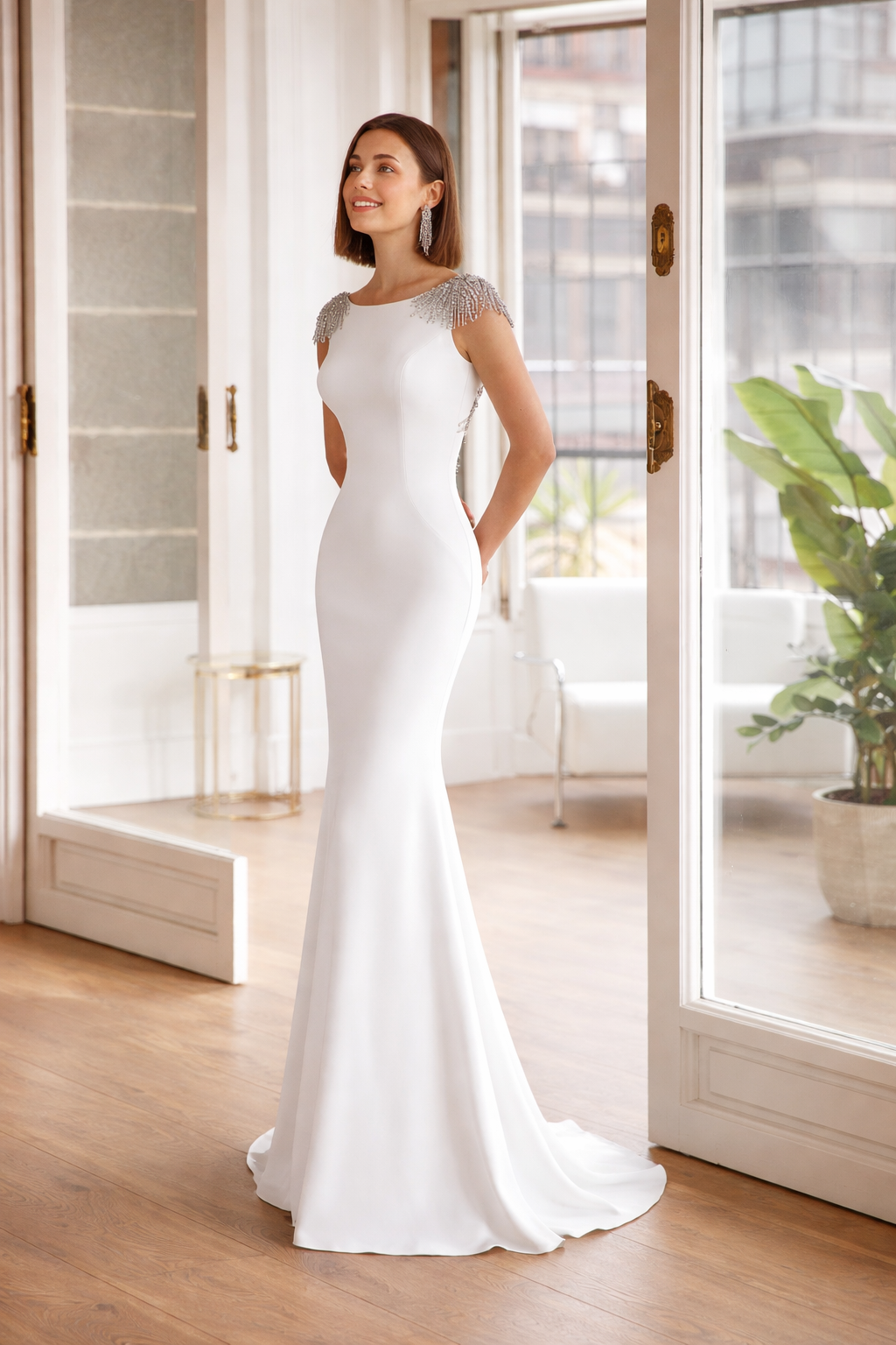 Vestido Sirena "Celine" - Blanco Nupcial con Hombros Joya