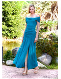 Vestido Largo "Turquesa Bardot" - Hombros Caídos y Cuerpo Fruncido